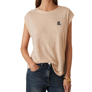 Camiseta de Mujer Beige de Manga Corta con Cuello Redondo, Sólida, Sin Tejer, Corte Regular, Informal, Transpirable, 100% Algodón Orgánico, Ecológica, Primavera - Product Image 1