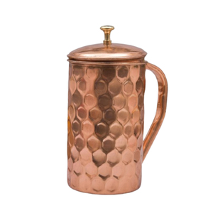 Carafe à eau artisanale 100% cuivre martelé avec couvercle à bouton en laiton, pichet ayurvédique en cuivre pour les bienfaits de l'eau alcaline naturelle - Product Image 1