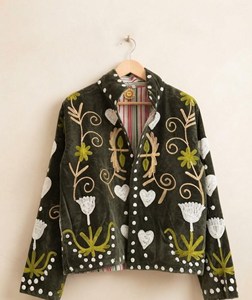 <b>Women</b> Olive Green <b>Velvet</b> Embroidered Suzani <b>Jacket</b> with Floral Print Full Sleeve Stand Collar Handmade Bohemian Autumn Outerwear - Product Image 1