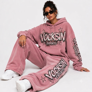 Vocksin Exports Womens <b>Pink</b> Acid Wash Oversized <b>Hoodie</b> Tracksuit Wide Leg Sweat Set Graphic Streetwear Lounge Wear Outfit - Product Image 2