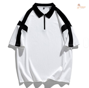 Polo pour femme à blocs de couleur, manches courtes, décontracté, tricoté, séchage rapide, 100 % polyester, patchwork noir et gris - Product Image 3
