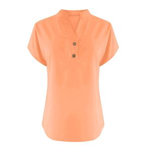 T-shirt décontracté pour femme grande taille, couleur unie, col en V, manches courtes, boutonnage frontal, col rond décontracté, manches courtes boutonnées - Product Image 1