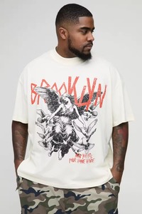 T-shirt oversize homme en coton épais, coupe ample vintage délavée, épaules tombantes, imprimé graphique, streetwear unisexe - Product Image 3