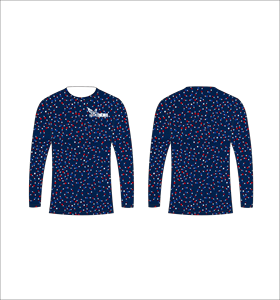 Maillot de sport personnalisé à manches longues en sublimation, léger, avec motif à pois tourbillonnants bleu marine, rouge et blanc, fournisseur en gros - Product Image 1