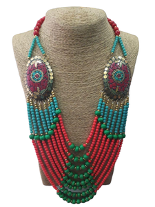 Collar étnico con cuentas de mosaico para mujer, turquesa, rojo, verde, de múltiples hilos, joyería étnica india para fiesta - Product Image 1
