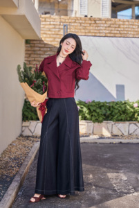 Women's <b>Burgundy</b> Cropped <b>Trench</b> <b>Coat</b> Double Breasted Cotton Twill Jacket Epaulettes Adjustable Cuff Casual Outerwear NORY - Product Image 2