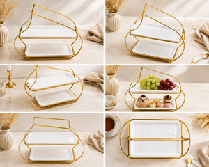 Plateau décoratif rectangulaire à deux niveaux en or plaqué, design minimaliste, poignée incluse - Product Image 5