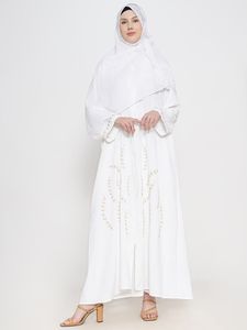 Abaya blanche pour femme, longue, coupe ample, manches longues, broderie florale, tenue modeste quotidienne, style Moyen-Orient, robe en coton - Product Image 2