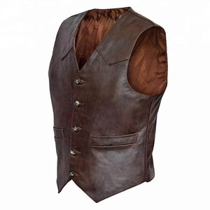 Men Genuine <b>Leather</b> <b>Vest</b> V Neck Single Breasted Zipper Front Solid Color <b>Biker</b> Style Windproof Polyester Filled Outerwear - Product Image 1