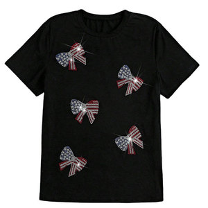 Women's Black Rhinestone Bow T-Shirt Crew Neck Short Sleeve Casual Jersey Fit Regular Size Patriotic <b>Pattern</b> Decorated - Product Image 1