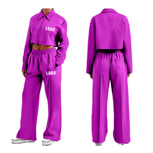 Conjunto Deportivo de Dos Piezas para Mujer, Chaqueta Corta con Capucha Rosa Sólida y Pantalones Anchos, Ropa Deportiva Informal - Product Image 2