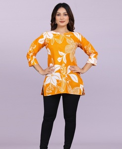 <b>Indian</b> Yellow Floral Slub Cotton Short Kurtis and Tunic for Women Ethnic Casual <b>Top</b> with Digital Print Casual and Daily Wear <b>Top</b> - Product Image 1