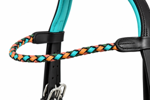 Premium Leather Horse <b>Bridle</b> with Turquoise Padded Noseband and Multicolor Braided Browband Adjustable Equestrian Riding Tack - Product Image 4