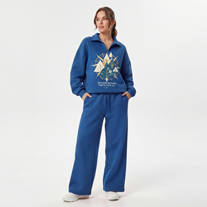 Ensemble de survêtement décontracté pour femme, imprimé, 100 % coton, coupe ample, pantalon de survêtement à jambe large, manches longues, molleton confortable - Product Image 1