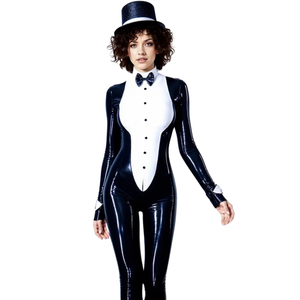 Women's Black PU Coated <b>Jumpsuit</b> Long Sleeve Turtleneck High Waist Full Length Bodycon Fit Spandex Nylon Clubwear - Product Image 4