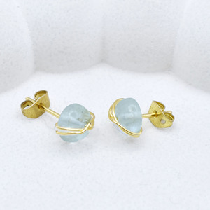 Wire Wrapped Aquamarine <b>Earrings</b> | Round <b>Blue</b> Stone <b>Studs</b> | Handmade Jewelry Gift - Product Image 3