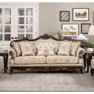 Set di Lusso 3 Pezzi in Legno Massello per Soggiorno, Divano Tradizionale Formale, Poltrona e Divanetto in Finitura Ciliegio con Finiture Dorate - Product Image 3