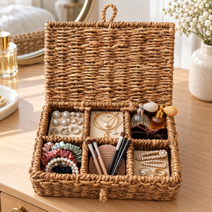 Boîte de rangement pour bijoux en jonc de mer tressé personnalisable avec couvercle à charnière et 6 compartiments pour rangement de coiffeuse – Vente en gros - Product Image 5