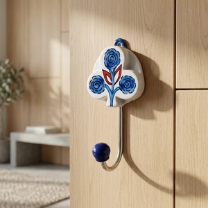 Gancho de pared de cerámica con diseño retro hecho a mano de rosas azules para guardar ropa - Product Image 5