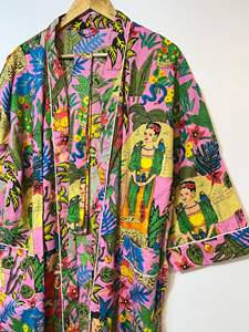 Robe kimono longue en coton tissé imprimé fait main indien pour femme, séchage rapide, col en V, manches longues, peignoir de plage, été - Product Image 5