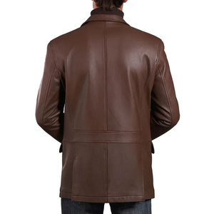 Men's Brown Genuine <b>Leather</b> <b>Long</b> <b>Jacket</b> Collar Casual Style Autumn Wear Regular Fit Solid Color - Product Image 2