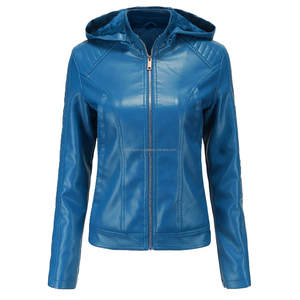 Vestes pour femmes polyvalentes en cuir de moto à capuche bleu élégant avec doublure en Sherpa fermeture à glissière confort durable - Product Image 6