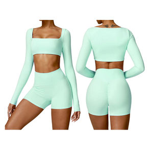 ชุดออกกำลังกายสองชิ้นสำหรับผู้หญิง OEM สำหรับฤดูร้อน เสื้อกล้ามครึ่งตัว กางเกงโยคะเอวสูง กางเกงขาสั้นทรง Biker ผ้าระบายอากาศ ผสมสแปนเด็กซ์/โพลีเอสเตอร์ - Product Image 6