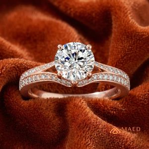 Round Cut Moissanite Engagement Ring Rose Gold Plated Split Shank Curved Pave Band Wedding Ring Jewelry <b>Gift</b> - Product Image 1