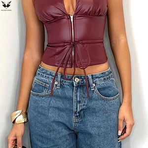 Deep Red Color Sleeveless Zipper Front Slim Fit Club Streetwear Fashion Wear Fully Customized Made OEM ODM Service Leather Vest - Product Image 6