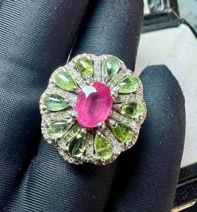 Flower Shape Ruby Cocktail <b>Ring</b> with <b>Green</b> Gemstones Prong Setting Rhodium Plated Minimalist 925 Silver Women's Luxury Jewelry - Product Image 5