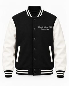 Chaqueta Varsity para Hombre de Khawaja Rafique Ullah Enterprises, Bordada en la Espalda, Estilo de Manga Azul Marino y Blanca, para Otoño - Product Image 5
