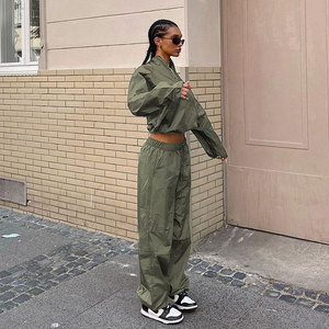 Women's Olive Green Safari <b>Jacket</b> Set Oversized Long Sleeve Stand Collar Elastic Waist Pants With Pockets All Seasons Breathable - Product Image 5
