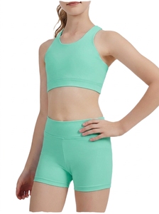 Girls Gym Fitness Wears Teal Two Piece Yoga Set High Waist Rushed Shorts Crisscross Strap Sports <b>Bra</b> Breathable Seamless Workout - Product Image 3