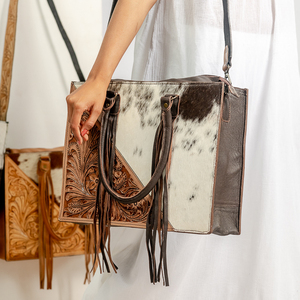 <b>Boho</b> Fashion Crossbody Purse Western Fringes <b>Bag</b> Handtooled Leather <b>Bag</b> With Hair-on Hide Floral Embossed Real Leather <b>Bag</b> - Product Image 5