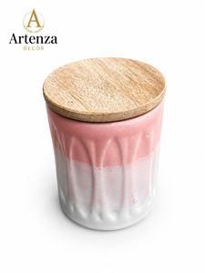 Pot à bougie en céramique rose, cylindre gaufré, support de bougie décoratif avec couvercle en bois pour la décoration de la maison - Product Image 3