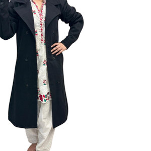Manteau long en jean pour femme, style trench, double boutonnage, à lacets, coupe ample, pour printemps, automne et hiver, couleur noire - Product Image 5