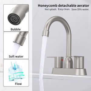 Robinet de lavabo pour salle de bain et douche, 2 poignées, nickel brossé, 4 pouces, 3 trous, bec pivotant à 360°, montage central - Product Image 5