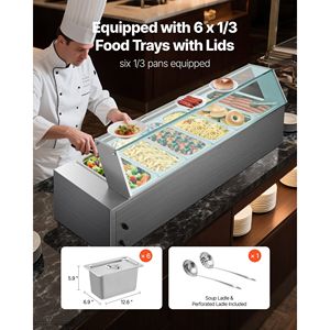 Scaldavivande Elettrico Commerciale 1500W in Acciaio Inox con 6 Vasche da 1/3, Buffet Bain Marie con Coperchio in Vetro, Attrezzatura per Mantenere il Cibo Caldo - Product Image 3