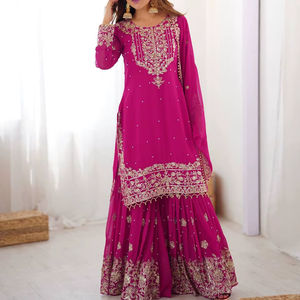 Conjunto de traje Sharara tradicional de georgette sintético para mujer, reversible, elástico, con bordado Dori y lentejuelas - Product Image 1