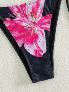 Beachwear Swim Set Women's Floral Print Triangle Sexy Design Two Piece Neck <b>Back</b> Self <b>Tie</b> Low Rise Bathing Suit Top Bikini Set - Product Image 6