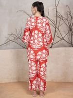 Ensemble coordonné pour femmes, haut en coton à imprimé floral rouge et blanc, col en V, décontracté, pour le printemps et l'été, tunique à imprimé damassé floral, pantalon