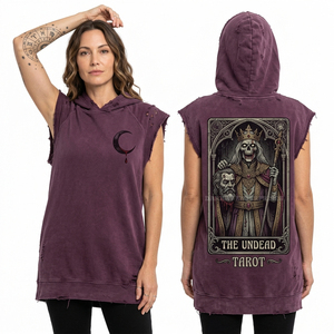 Hoodie sans manches oversize pour femme, effet vieilli, avec motif cartes de tarot gothique, violet délavé, coupe longue, streetwear - Product Image 1