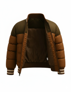 <b>Mens</b> Brown Hooded Color Block Varsity Puffer <b>Jacket</b> Winter Quilted Waterproof Breathable Eco-Friendly Zip Front Custom OEM ODM - Product Image 2