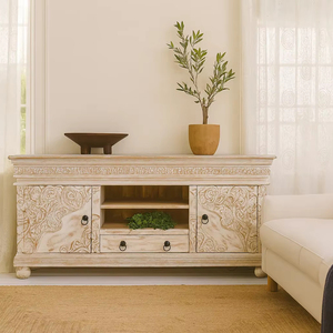 Mueble de TV de Madera Maciza, Soporte de TV Rústico, Consola Multimedia de Madera Hecha a Mano, Mueble de Almacenamiento para Sala de Estar, Extensible y con Acabado Liso - Product Image 1