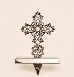 Silver Filigree Cross Christmas <b>Stocking</b> <b>Holder</b> For Mantle Metal Ornate Religious <b>Stocking</b> Hanger Decorative Holiday Mantel Home - Product Image 3