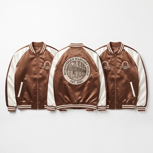 Factory Direct Brown Satin Varsity Jacket Cream Sleeve Zip Up Custom Embroidered Romanesque Guild Baseball <b>Coat</b> - Product Image 1