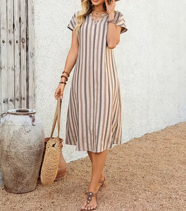 Striped Linen Cotton Midi Dress O-Neck Short Sleeve Loose Fit Casual Summer Dress Breathable Woven Fabric - Product Image 1