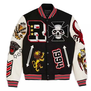 Veste universitaire noire pour homme, streetwear, design patchwork brodé, col rabattu, coupe classique, polyester et coton, vêtement d'automne - Product Image 1