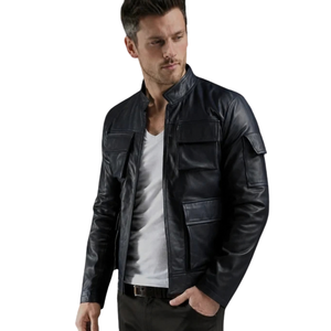 Mens Black Genuine Leather Streetwear Jacket Four Flap Pockets Shoulder Epaulets Stand Collar <b>Zip</b> Front Premium Custom Outerwear - Product Image 6