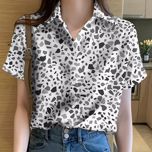 เสื้อเชิ้ตผู้หญิงลายดอกไม้ปักเลื่อมแบบตาข่าย 3 มิติ สไตล์ฮาวาย เสื้อทรงปกติสำหรับฤดูร้อน เสื้อน่ารักสำหรับวัยรุ่น แขนสั้น คอวี ผ้าเรยอน - Product Image 3